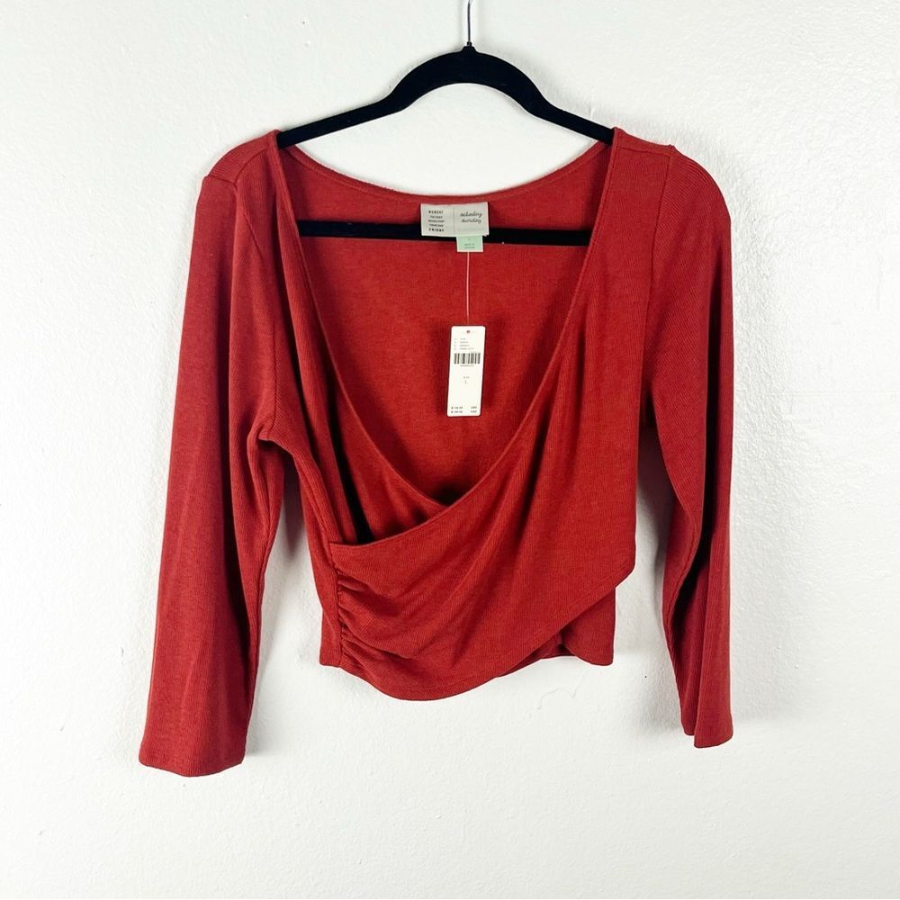 ANTHROPOLOGIE SATURDAY SUNDAY Terracotta Faux Wrap Long Sleeves Crop Top Large
